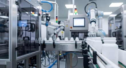 Fototapeta premium Modern pharmaceutical manufacturing facility with robotic assembly line and white bottles