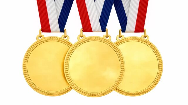 Three blank gold medals with detailed edges hanging on patriotic red, white and blue ribbons, isolated on white, concept for achievement celebration, competition success and corporate recognition