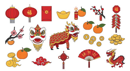 Chinese New Year Symbols Collection: Dragon, Lion Dance, Lanterns, Red Envelopes, Firecrackers © Maryati