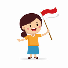 Young Girl Waving Indonesian Flag Celebrating Independence Day Cheerful Cartoon Character Smiling Proudly Isolated White Background