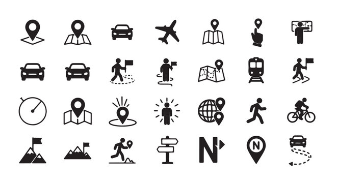 Collection of travel and navigation icons including maps transportation and location markers perfect for app design and web elements
