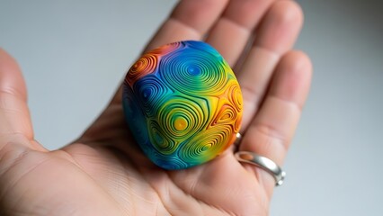 Obraz premium Hand cradles a colorful, swirled, abstract sculpture, with concentric ring patterns