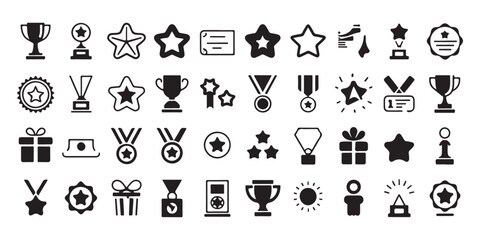 Fototapeta premium Business success and achievement solid icons set including trophies stars medals and rewards for competition