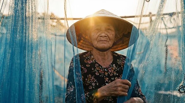 Asian woman in a conical hat posing with blue fishing net outdoors. Old lady near net at golden hour. Rustic life with traditional fishing gear.