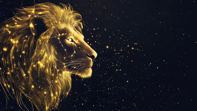 Leo zodiac constellation in minimal line art style, created with thin golden lines on black background, elegant modern astrology design highlighting celestial beauty with copy space for text