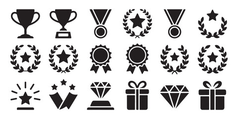 Winner reward icons collection including trophy cups medals laurel wreaths and stars for game ui achievement © MSTGIRATUN