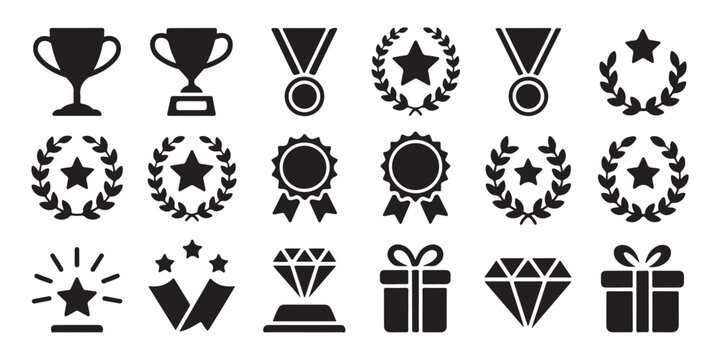 Winner reward icons collection including trophy cups medals laurel wreaths and stars for game ui achievement