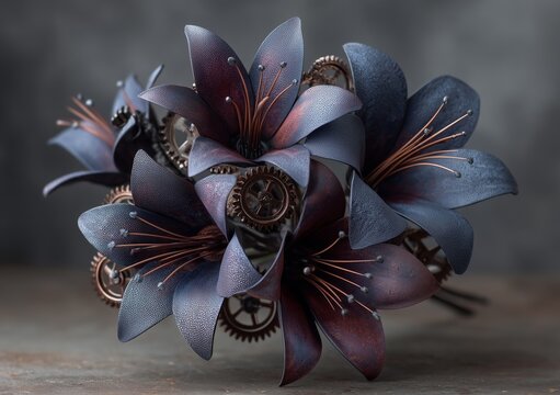 Vintage dark steampunk bouquet with metallic flowers made of iron and copper. Industrial art featuring mechanical gears and worn textures in a grim gothic atmosphere