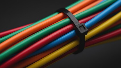 Colorful wires bundled together with a black cable management fastener against a dark background