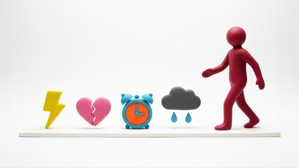 Red figure walking past symbols generic an emotional journey with a heart, clock, lightning, and rain cloud