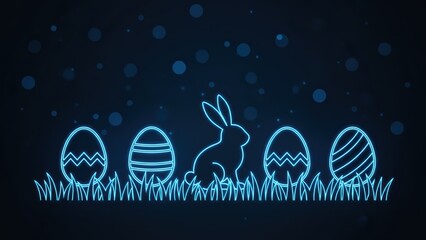 Neon blue outline generic a rabbit and decorated Easter eggs resting on grass for Easter celebration.