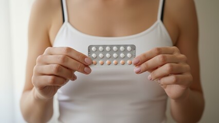 Fototapeta na wymiar Woman holding a blister pack generic birth control pills as medicine for reproductive health and birth prevention