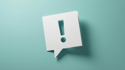 White exclamation mark cutout on a speech bubble against a teal background conveying alert and warning message