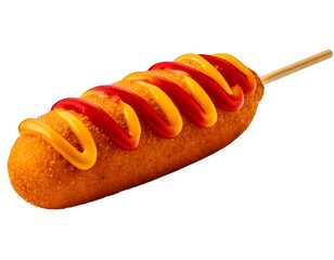 Tasty Corn Dog on a Wooden Stick with Mustard and Ketchup Swirl, cut out