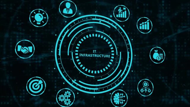 Futuristic IT infrastructure digital network hub with glowing cybersecurity icons and global connectivity concept