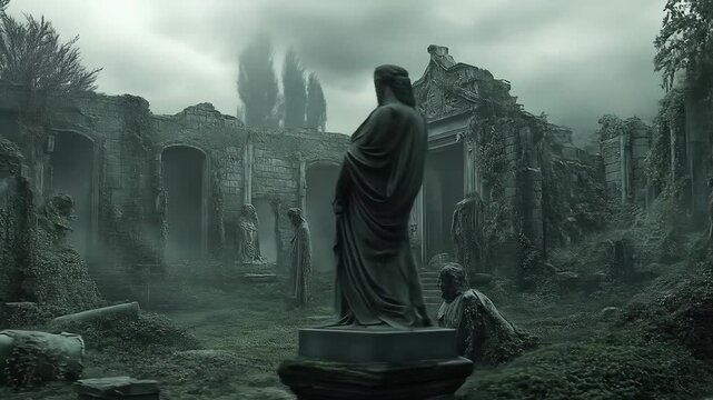 Ancient stone graveyard with sculptures under a gloomy cloudy sky