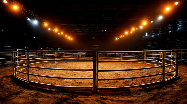 Spotlights illuminate metal rodeo bucking chute in center of dark empty dirt arena, western venue, dramatic lighting, competition equipment, defocused surroundings, with copy space