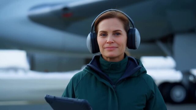 A caucasian female aviation mechanic in a winter suit and headphones by an airplane wheel checks a tablet and looks at the camera with a focused smile, concept of precision, technical expertise 
