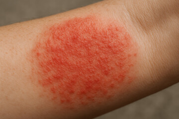 Close-up generic a red rash on skin causing irritation and itching during medical diagnosis on the arm
