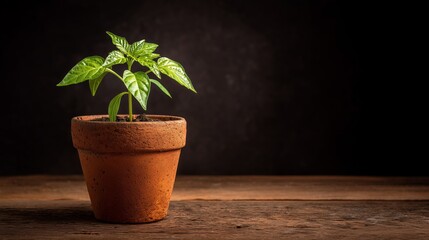 Fototapeta premium Green plant growing in a clay pot on a wooden table with dark background in a home setting