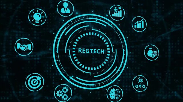 Futuristic digital interface showcasing 'REGTECH' with surrounding icons symbolizing compliance, data analysis, and business growth, ideal for financial technology concepts.
