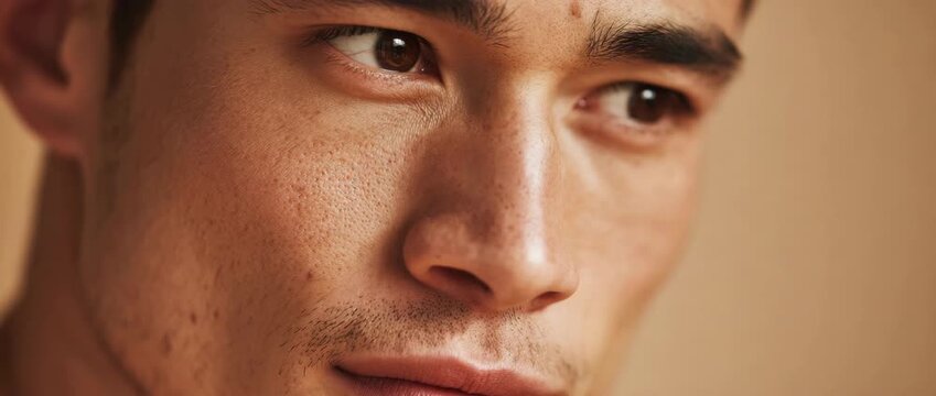 Close Up of Handsome Young Man Face with Freckles and Brown Eyes