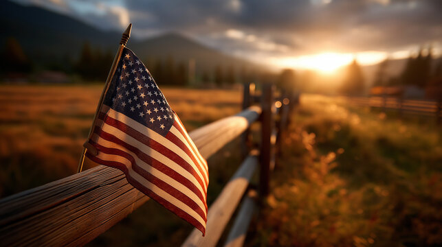 American flag waves at sunset in dusty rodeo arena, warm light filters through clouds illuminating rustic wooden fence, vast open landscape, patriotic tradition, defocused backgrou