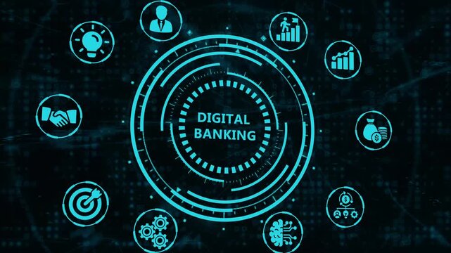A futuristic digital banking interface displayed as a glowing hologram, connecting financial icons in a network. Modern technology concept for online finance.