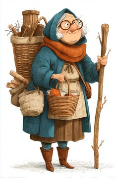 Whimsical illustration of an expressive old witch character in rustic fantasy clothes. Kind magical hag portrait with fairytale attributes