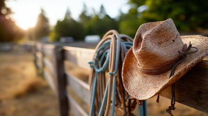 Cowboy hat and lasso hang from ranch wooden fence, western equipment, traditional accessories, ranching tools, rustic setting, defocused landscape, with copy space