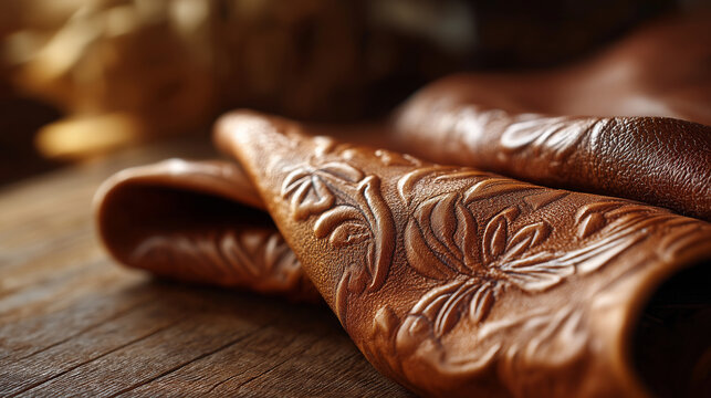 Texture of leather with embossed floral patterns, western material, decorative surface, tooled design, cowboy equipment detail, defocused background, with copy space