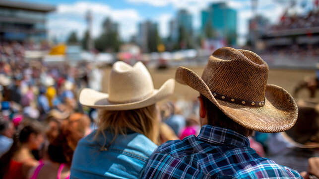 Lively country music festival showcasing faceless cowboys in hats and boots, rodeo backdrop, stampede Calgary Alberta Canada, western entertainment, defocused crowd, with copy spac