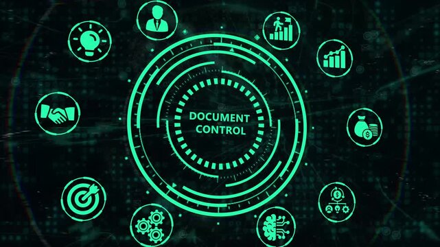 Abstract digital interface showcasing document control system with icons for strategy, data, and workflow automation, ideal for business and technology concepts.