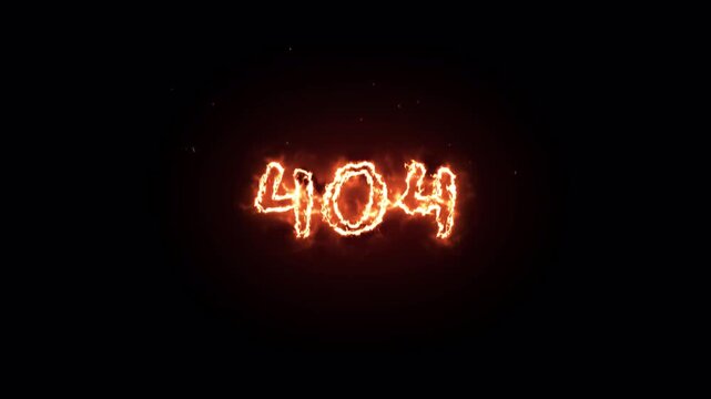 404 Error Burning Text Animation, transparent background, fiery website error screen 4k video