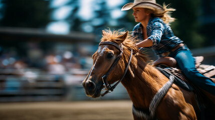 Faceless cowboy showcasing barrel racing skills on horseback, western equestrian competition, arena performance, speed event, traditional sport, defocused spectators, with copy spa