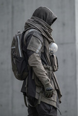 Fototapeta premium Person dressed in urban survival gear with a hoodie and scarf stands against a concrete wall background