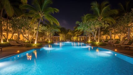 Fototapeta premium A serene nighttime scene of a luxurious pool surrounded by palm trees