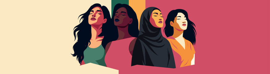 Women's day. Vector illustration of four women of different cultures and nationalities standing together and looking up. Feminism, freedom. Movement for gender equality and women's empowerment