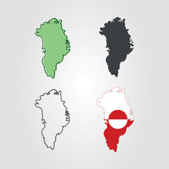 Set of Four silhouettes of greenland island one featuring the greenlandic flag.
