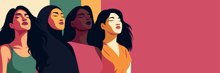 Women's day. Vector illustration of four women of different cultures and nationalities standing together and looking up. Feminism freedom. Movement for gender equality women's empowerment