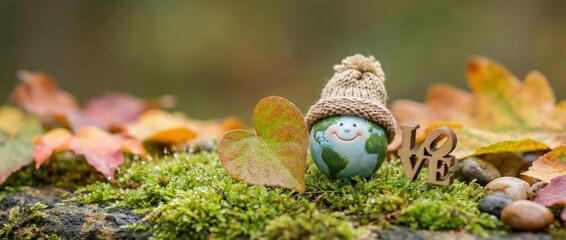 Celebrating love for nature through a smiling earth-themed figurine surrounded by autumn leaves and moss in a serene forest setting