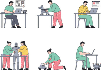 Man working from home set with laptop household chores pet care cooking and remote job daily routine flat vector illustration