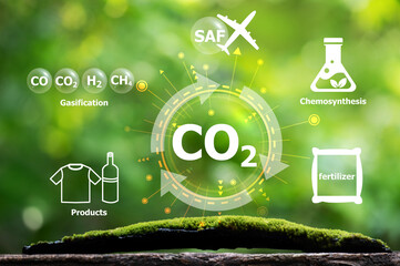 CO2 text on bubble and icons on natural background.