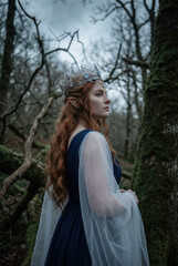 Naklejka premium Woman in a fantasy portrait as an elf wearing a crown and flowing dress in a mystical forest setting