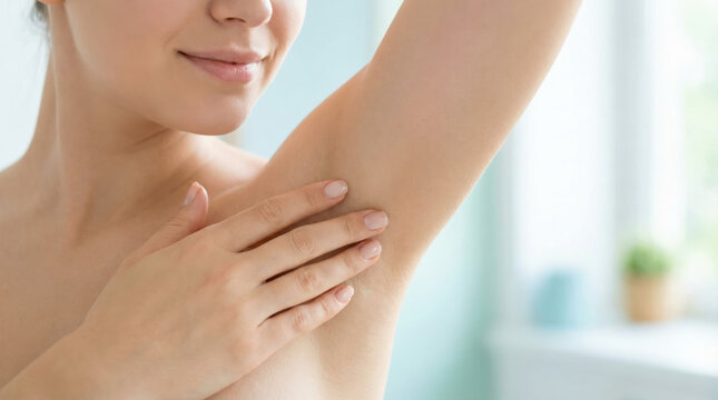 Woman practicing personal care by gently touching her clean and smooth armpit skin in a bright bathroom