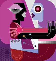 Vector modern art illustration of two people hugging and looking at each other.