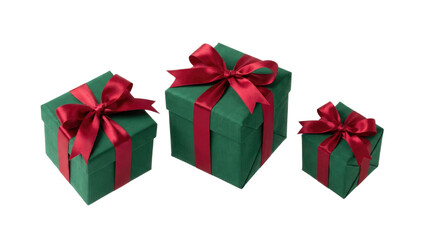 Obraz premium Three green gift boxes with red ribbons are arranged in a row from small to large size, festive and colorful no background