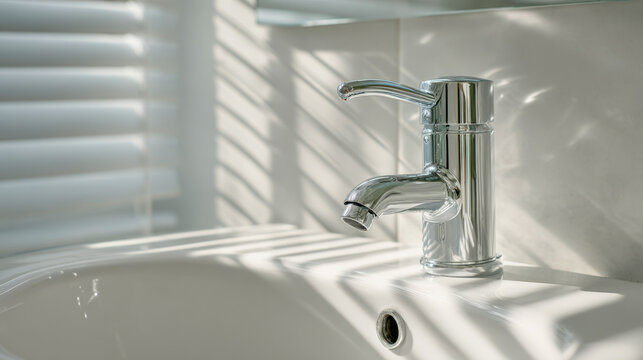 Modern silver faucet installed on white bathroom sink with natural light creating striped shadows from window blinds on smooth surfaces