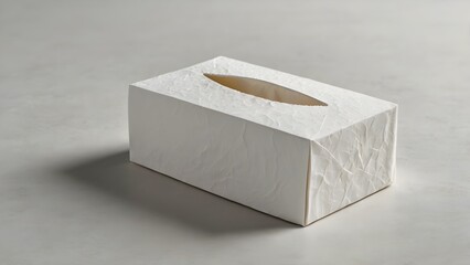 Minimal white tissue box mockup on clean white surface with soft paper tissues emerging from the top, hygienic minimalist product display for branding and packaging
