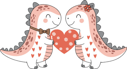Cute romantic dinosaur couple holding heart vector illustration, love theme, Valentine’s Day cartoon, pastel kawaii characters